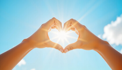 Heart gesture with hands under clear sky, symbol of love and connection