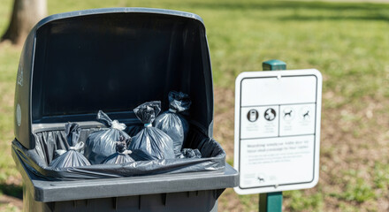 Outdoor trash bin filled with tied black garbage bags next to park sign