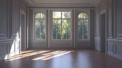 Fototapeta premium sunlit elegant room with large windows and wood floor