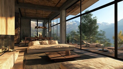 Fototapeta premium Stylish rustic modern home large glass panels natural materials mountain views creating a harmonious living space. 