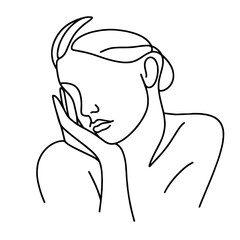 Line drawing of a woman with closed eyes, resting her cheek on her hand, self-love, a healthy and athletic body, and a devotion to body care, self-care and mental well-being.