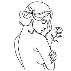 Line drawing of a woman in profile, holding a flower with a long stem and bud at shoulder level, her hair in a bun with strands falling over her face, eyes closed, a serene, contemplative expression.