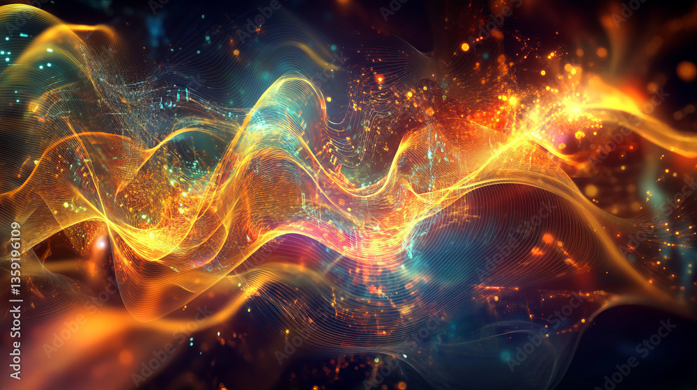Poster big data cyber stream 3d illustration. rhythmic waves of electrical impulses in a neural network. so