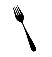Black silhouette of a fork with four prongs and a curved handle, kitchen utensil essential for eating food, role of dining tools in meal preparation, enjoyment, culinary experience.
