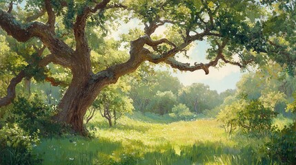 Fototapeta premium Sun-dappled glade with a towering oak tree branches reaching skyward lush greenery serene timeless elegance 