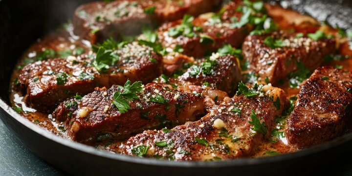 Flavorful pork dish served in a cast iron skillet, with cumin and coriander accents on top. Hearty and savory.