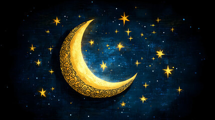Naklejka premium A crescent moon glows amid a dark starry night sky Yellow stars shimmer with tiny white dots in the textured navy bac