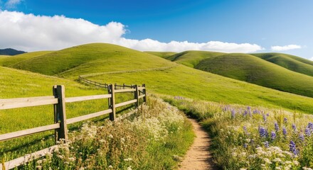 Serene hiking trail through lush green hills and wildflowers under cloudy sky