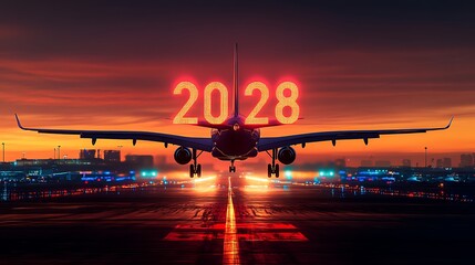 Airplane Landing with 2028 Displayed at Sunset, An airplane landing at dusk with a vibrant sunset in the background
