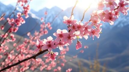 Pink Cherry Blossoms in the Mountains