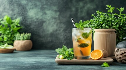 Fototapeta premium Iced tea with mint in a glass, surrounded by fresh herbs