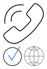 Phone receiver icon with sound waves, blue checkmark in a circle, and globe outline. Ideal for communication, customer service, approval, validation, global interaction, online services networking