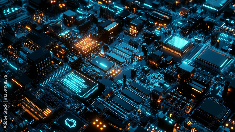 Poster cyber architecture 3d illustration. nano, neuro technologies, internet structures. microchip, circui