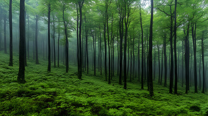 Fototapeta premium A dense verdant forest with tall trees disappearing into fog Green foliage covers the ground creating a serene natur