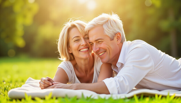 Affectionate couple enjoying laughter on lush grass, joyful connection - Powered by Adobe