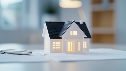 A lit model house sits on architectural plans next to a pen, symbolizing home design and real estate concepts.