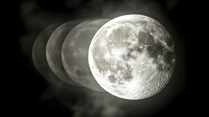 A detailed sequence of the moon is seen with textures and craters against a dark sky revealing a mysterious atmosphere