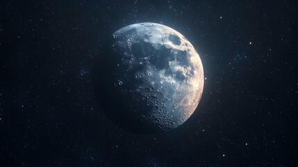 Fototapeta premium A detailed view of a cratered moon glows against a deep star-speckled space background showcasing its rugged terrain