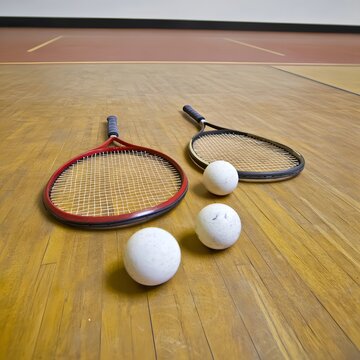 Racketball Court, Two Rackets and Balls on Wooden Floor