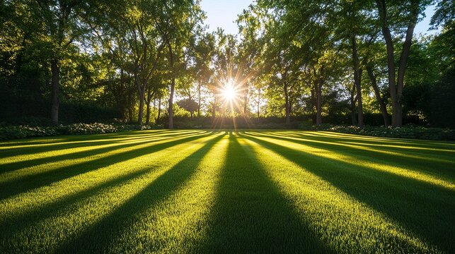 Traumhafter Vorgarten, gleichm&Atilde;&curren;&Atilde;&Yuml;ig gem&Atilde;&curren;hter Rasen, satte Streifen, Sonnenlicht akzentuiert die perfekte Textur, gepflegte Idylle.  