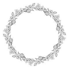 Black and white hand drawn floral wreath with daffodils and tulips. Perfect for spring cards, botanical projects, Easter, March 8th, packaging, DIY crafts and seasonal greeting templates.