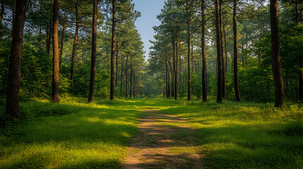 Fototapeta premium A dirt path leads through a dense forest with towering trees lush green grass and dappled sunlight filtering through t