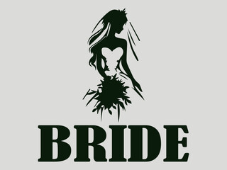 Elegant bride silhouette in a flowing wedding dress with a delicate veil and floral headpiece, elegant bride illustration with floral headpiece and flowing veil in a soft, romantic style, logo vector