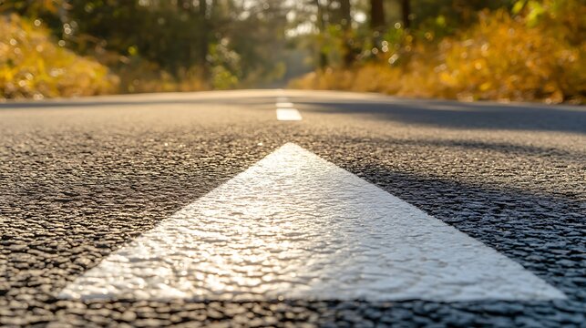 Close-up of a triangular road marking on an asphalt road, bathed in sunlight.