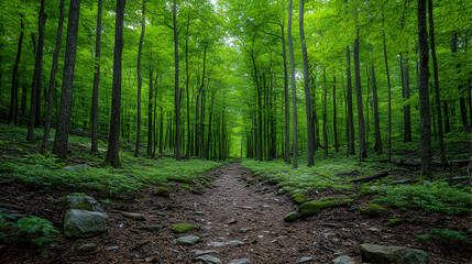 Obraz premium A dirt path winds through a lush green forest towering trees surrounding it Sunlight filters through canopy illuminat