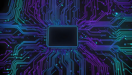 A digital, neon-inspired abstract circuit board pattern. 