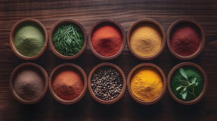 Selection of colorful spices on a wooden table in bowls