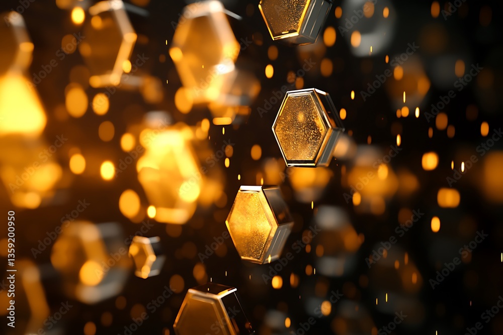 Poster Golden hexagons floating in dark space with bokeh.