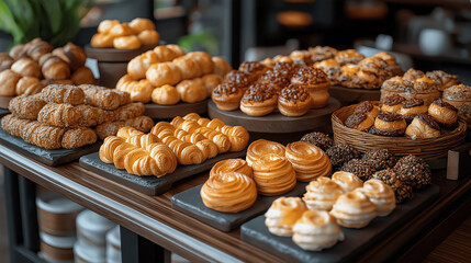 Variety of freshly baked pastries displayed in modern bakery shop.