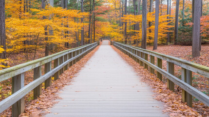 wooden path through vibrant autumn forest