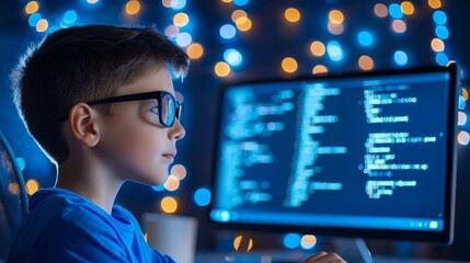 Young Teen Boy Engaged in Coding an Innovative Mobile App in High-Tech AI Development Workspace