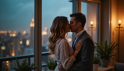 Tender kiss on balcony overlooking rainy city skyline, romantic love