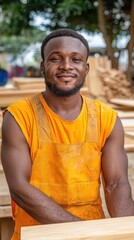 Smiling Dark Skinned Man in Orange Overalls Near Wood Planks