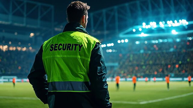 A security guard in a "SECURITY" outfit watches over a packed stadium while a soccer game is in progress.