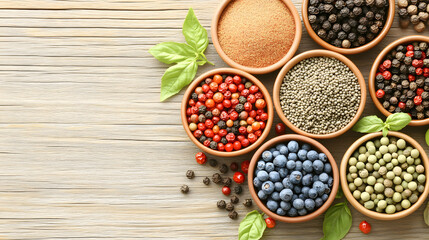 Fototapeta premium Selection of colorful spices on a wooden table in bowls