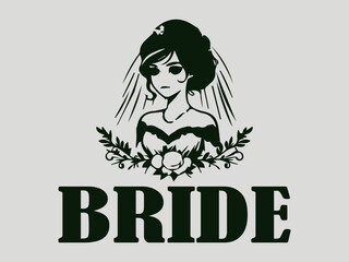 Elegant bride silhouette in a flowing wedding dress with a delicate veil and floral headpiece, elegant bride illustration with floral headpiece and flowing veil in a soft, romantic style, logo vector