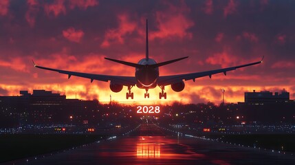 Airplane Landing with 2028 Displayed at Sunset, An airplane landing at dusk with a vibrant sunset in the background