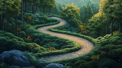Obraz premium Serpentine Stone Pathway Winding Through Lush Green Forest Scenery