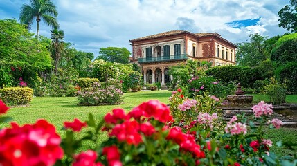 Vibrant garden landscape with blooming flowers lush greenery historical building in the background classic charm serene vibe 