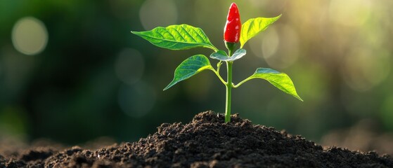 Red chili pepper plant in soil