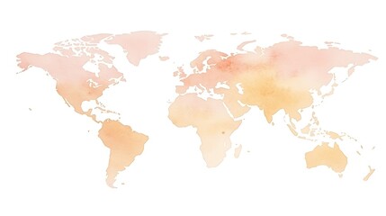 Watercolor world map in peach and beige tones.