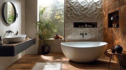 Modern spa-like bathroom with geometric wall design