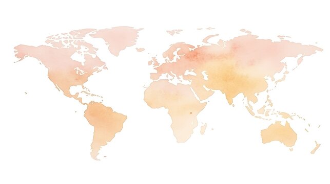 Watercolor world map in peach and beige tones.