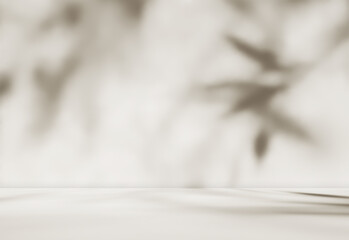 Empty brown cream beige room studio with shadow of leaves for product presentation. Autumn background. Summer tropical backdrop. Cosmetic showroom.