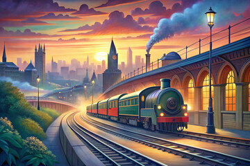 Obraz premium Pleasant travel.A train with a steam locomotive leaves the evening city