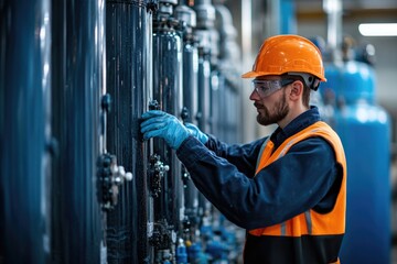 Worker monitors advanced filtration system in industrial facilit